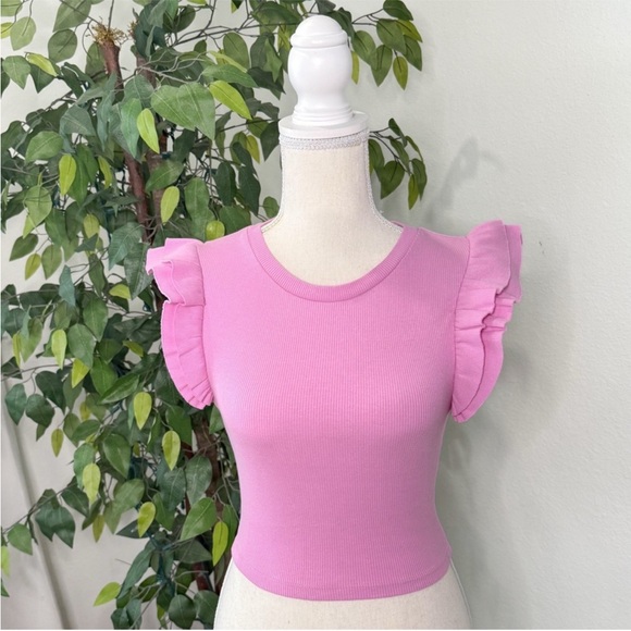 ZARA Ribbed Ruffle Top Pink Size S - Picture 2 of 6